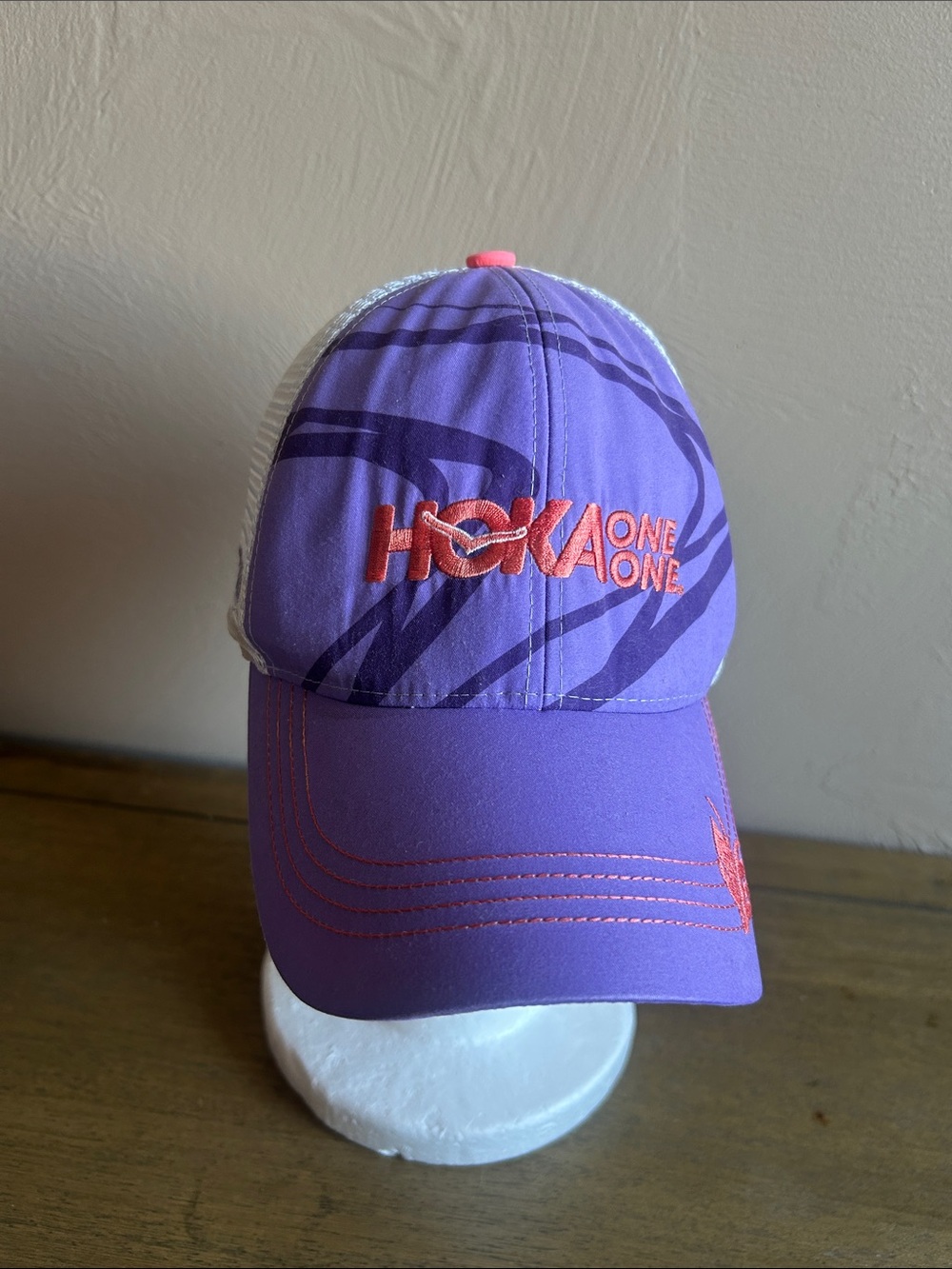 Hoka One One Purple & Coral Mesh-Back Trucker Hat. Adjustable Snapback. Unisex.
